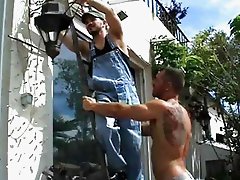 Muscular gay dude fucked handyman outdoors