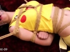 Restrained Japanese teen in costume enjoys infinite orgasms