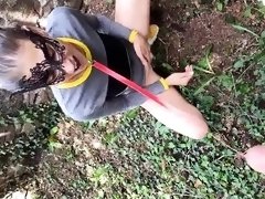 Masked teen on a leash worships a POV cock in the outdoors
