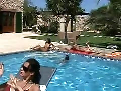 Cute chicks laying by the pool whipped by their master