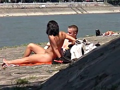 Horny stud and slutty brunette have a hardcore fuck session outdoors