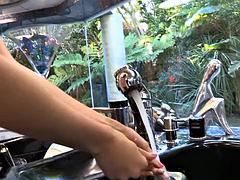 Amber Rayne and Charlotte Stokely 69 in Pink Apron Lime Panties on Kitchen Island