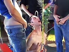 Skinny piss drinker penetrated on sex swing before facial